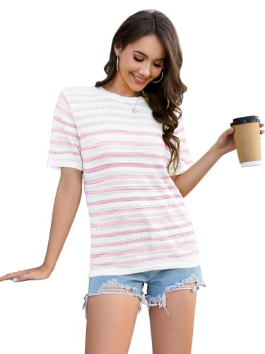 ANCAPELION Women's Short Sleeve Sweater Top Striped Knit Crew Neck Pullover for Summer Trendy Shirts4