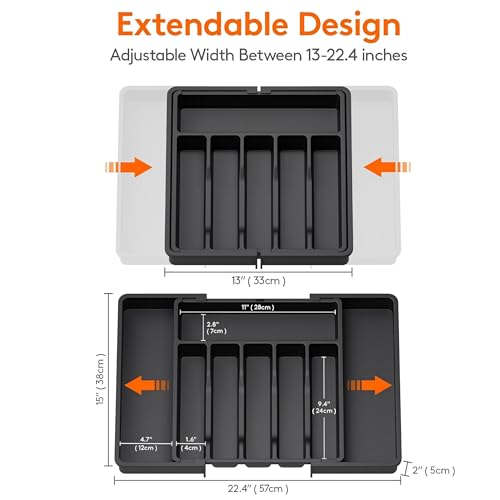 Image of CLAPONE Drawer Organizer Tray /Divider for Spoons Forks Knives Tableware /Kitchen Expandable Utensil Tray /Cutlery Silverware Flatware Holder /Adjustable Utensil Organizer (Premium Black, 1 Pieces)