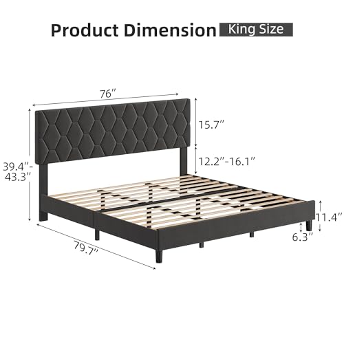 GAOMON Grey King Upholstered Bed Frame with Headboard, Heavy-Duty Platform Bed Frame with Strong Wood Slats, No Box Spring Needed/Easy Assembly/Noise Free