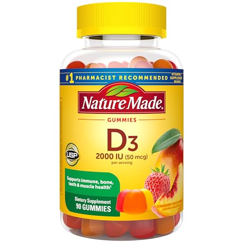 Nature Made Vitamin D3 2000 IU Per Serving Gummies, Bone, Teeth, Muscle and Immune Health Support, 45 Day Supply, 90 Vitamin D Gummies for Adults