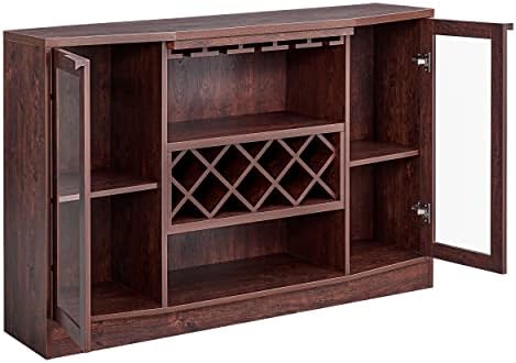 Home Source - Jill Zarin Stylish, Elegant Indoor Home Mahogany-Colored Bar Cabinet with Curved Glass Doors, Built-in Wine Rack, Lower Wine Cabinet, Liquor Cabinet - Mahogany-Colored Wood