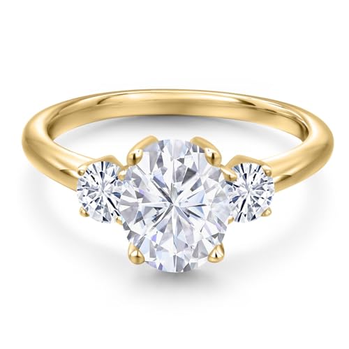 Gem Stone King 18K Yellow Gold Plated Silver Personalized and Customized Oval 9X7MM and Round 4MM Gemstone 3-Stone Birthstones Engagement Ring For Women3