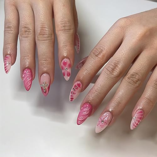 Press on Almond Nails Medium Length Acrylic Glossy Full Cover Pointed Almond French False Nails with Designs Artificial Fake Nails with Charms Glue Stick ons Fingernails for Women(Z924)