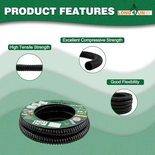 LONGRUNNEW 1\" Dia. Corrugated Pond Tubing 1-Inch ID, 20.6 FT Length, Black PVC Kinkproof Strong Flex Tubing with Pipe Fittings, Aquarium, Pond Waterfall, Garden Pond Pump Drainage Tube