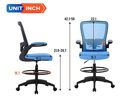 Image of BestOffice Drafting Chair Tall Office Chair Adjustable Height with Lumbar Support Arms Footrest Mid Back Standing Desk Chair Swivel Rolling Mesh Computer Chair Standing Desk Drafting Stool Blue