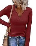 Zeagoo Camiseta de manga larga para mujer, cuello en V, camiseta de manga larga, corte ajustado, parte superior elegante, camisetas elásticas, tops acanalados, top informal de color sólido, jersey de