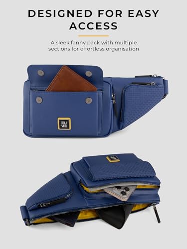 Image of EUME Kinetic Fanny Sling Bag | Waist Bag for Men & Women | Crossbody Waist Pouch with Zippered Compartments & Adjustable Strap | Midnight Blue