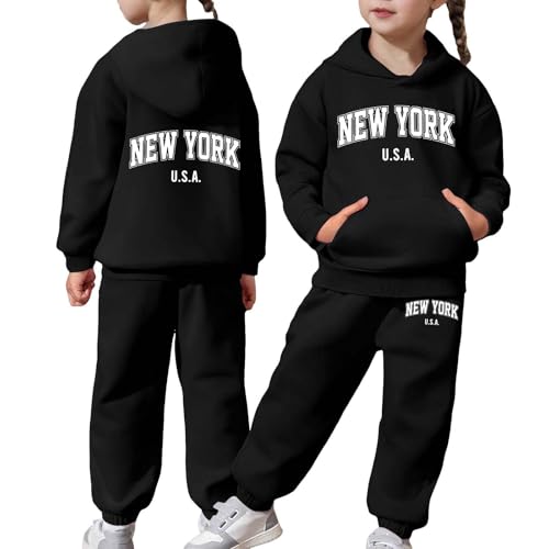Girls Jogger Set - 2 Piece New York Letter Print Graphic Pullover Hoodie Sweatshirt Sweatpants Sweatsuit Outfits 2-13Years