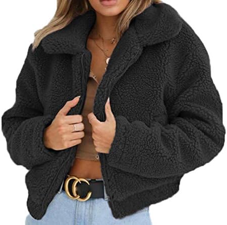 Women's Long Sleeve Lapel Zip Up Faux Shearling Shaggy Coat Jacket (S, Black)