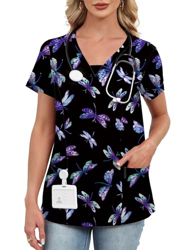 AKEWEI Scrubs for Women V Neck Holiday Scrub Tops Black Print Insect Pattern Nursing Scrub Shirts with 2 Pockets Dragonfly XL