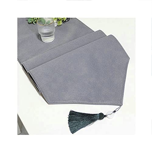 Chemin de table de Noël gris en coton uni 35x183 cm avec pompon