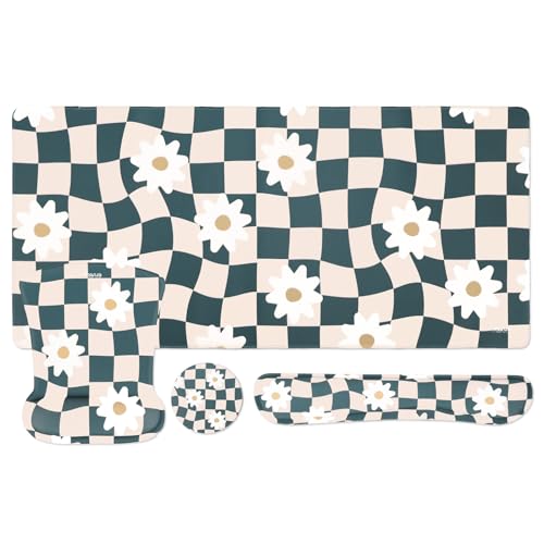 MOSISO Desk Mat Keyboard Mouse Pad Set, Large Gaming Mousepad&Keyboard Wrist Rest&Mousepad with Wrist Rest&Coaster, Wavy Checkered&Daisy Ergonomic Home Office Non-Slip Pad with Memory Foam, Blue