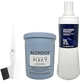 Blondorplex 9 Multi Blonde Dust-Free Powder Lightener 28.2 Oz, Welloxon Perfect Developer 9% 30 Vol 33.8 oz and M Hair Designs Tint Brush Comb (Bundle)