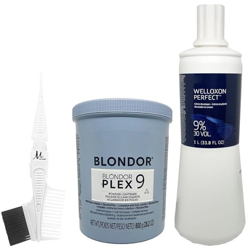 Blondorplex 9 Multi Blonde Dust-Free Powder Lightener 28.2 Oz, Welloxon Perfect Developer 9% 30 Vol 33.8 oz and M Hair Designs Tint Brush Comb (Bundle)