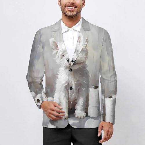 White Terrier Puppy Sitting on The Bathroom Classic Suits Blazer for Men Business Tuxedo Jacket Sport Coat Two Buttons2