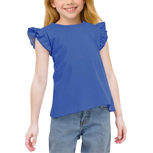 Girls Ruffle Sleeve Summer Shirts Cute Blouse Tops Crew Neck Casual Tees for 3-15 Years