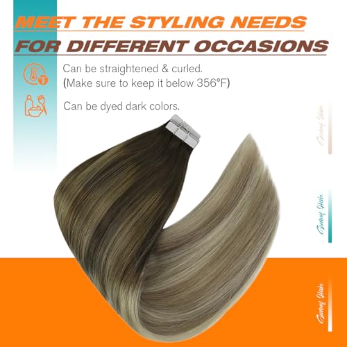 Image of Sunny Hair Tape in Extensions Dark Brown Balayage Blonde