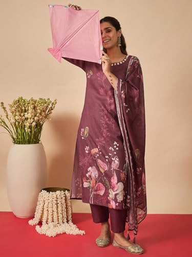Image of INDO ERA Women's Linen Floral Printed Straight Calf Length Kurta & Pant with Dupatta Set (IESTR12259)