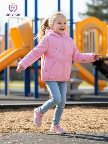 WELAKEN Lightweight Heart Quilted Cotton Puffer Jacket for Girls & Kids Zip Up Hooded Coat with Kangaroo Pocket3