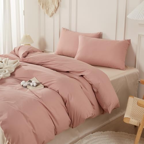 SAPHREAS Dusty Rose Duvet Cover Set 100% Washed Cotton Super King Size 3Pcs Modern Solid Bedding Soft Comforter Cover Set 1 Duvet Cover with Zipper 2 Pillow Shams, Comforter Not Included