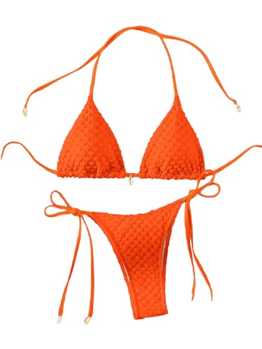 Verdusa Women's 2 Piece Triangle Bathing Suit Halter Tops Tie Side Thong Bikini Swimsuits