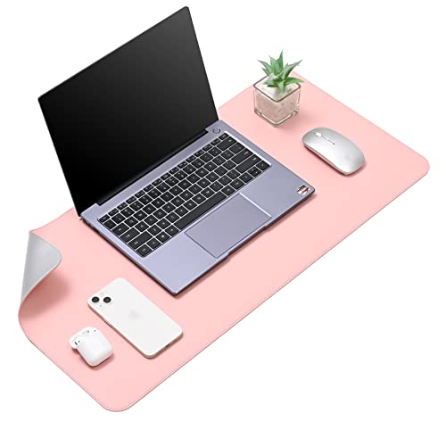 Image of AROPANA Vegan Leather Desk Mat | Large Reversible Mouse Pad & Computer Table Protector | Dual-Side Waterproof Extended Laptop Pad with Edge-Stitched Design (70 x 35 CM, Pink and Silver)
