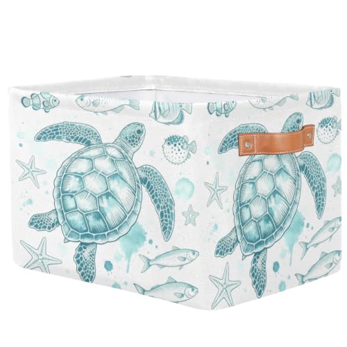 Image of Ocean Fish Square Storage Basket, Sea Turtle Fabric Storage Bin with Leather Handles Collapsible Storage Bin Nursery Hamper for Organizing Toys, Clothes, Books, Gift Baskets