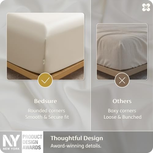 Image of Bedsure PureWoven 100% Viscose Derived from Bamboo, Queen Sheets, 3PCS | Organically Grown, 18 inch Deep Pocket, Cooling Fitted Sheet Set for Hot Sleepers, Luxury Silky Soft, No Flat Sheet, Beige
