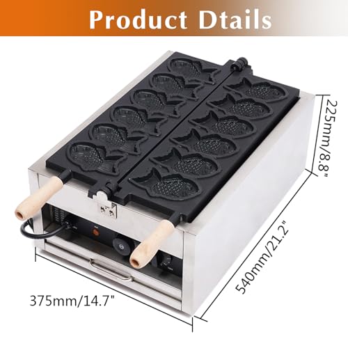 DYRABREST Taiyaki Fish Waffle Maker,Electric Commercial Fish Waffle Maker, 6Pcs Non-stick Stainless Steel Waffle Iron Baker Machine for Restaurant Cafe Snack Shop Food Stall