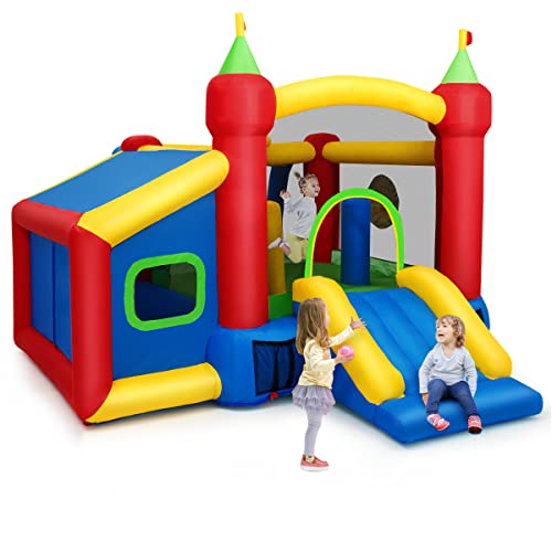 GYMAX Kids Bouncy Castle, 6 in 1 Inflatable Bounce House with Slide, Ball Pit, Ocean Balls, Basketball, Football, Dartboard & Carrying Bag, 3.8x3.02x2.24m Children Slide Bouncer for Outdoor