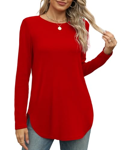 Image of XIEERDUO Womens Long Sleeve Round Neck Shirts Side Split Basic Loose Tunic Tops Casual 2026