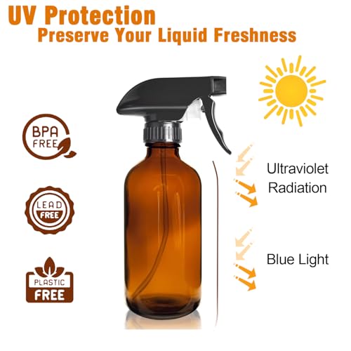 8oz Amber Glass Spray Bottles - 2 Pack Empty Refillable Bottles for Cleaning, Hair Care, Essential Oils, Plants - Includes Durable Nozzle, Labels, Funnel & Dropper, Handheld Size3