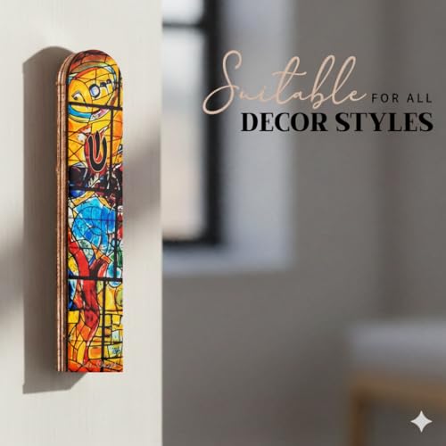 Image of SURI Wooden Mezuzah Case for Door - 5 Inch Yellow Chagall-Inspired Mezuza Cover with Printed Scroll, Self-Stick Adhesive, Fits a 4 Inch Scroll, Gift Box Included