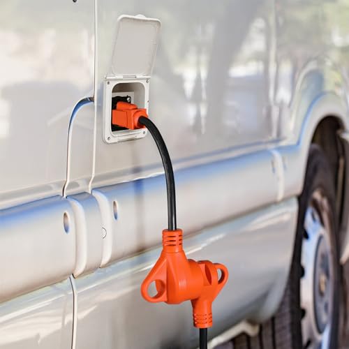 Image of 30 Amp to 110 Volt RV Adapter Cord, Dogbone NEMA 5-15P to TT-30R | RV Electrical Power Adapter with LED Indicator, 12 /3 Gauge RV Dogbone Adapter with Grip Handle, 12 Inch, Orange, ETL Listed