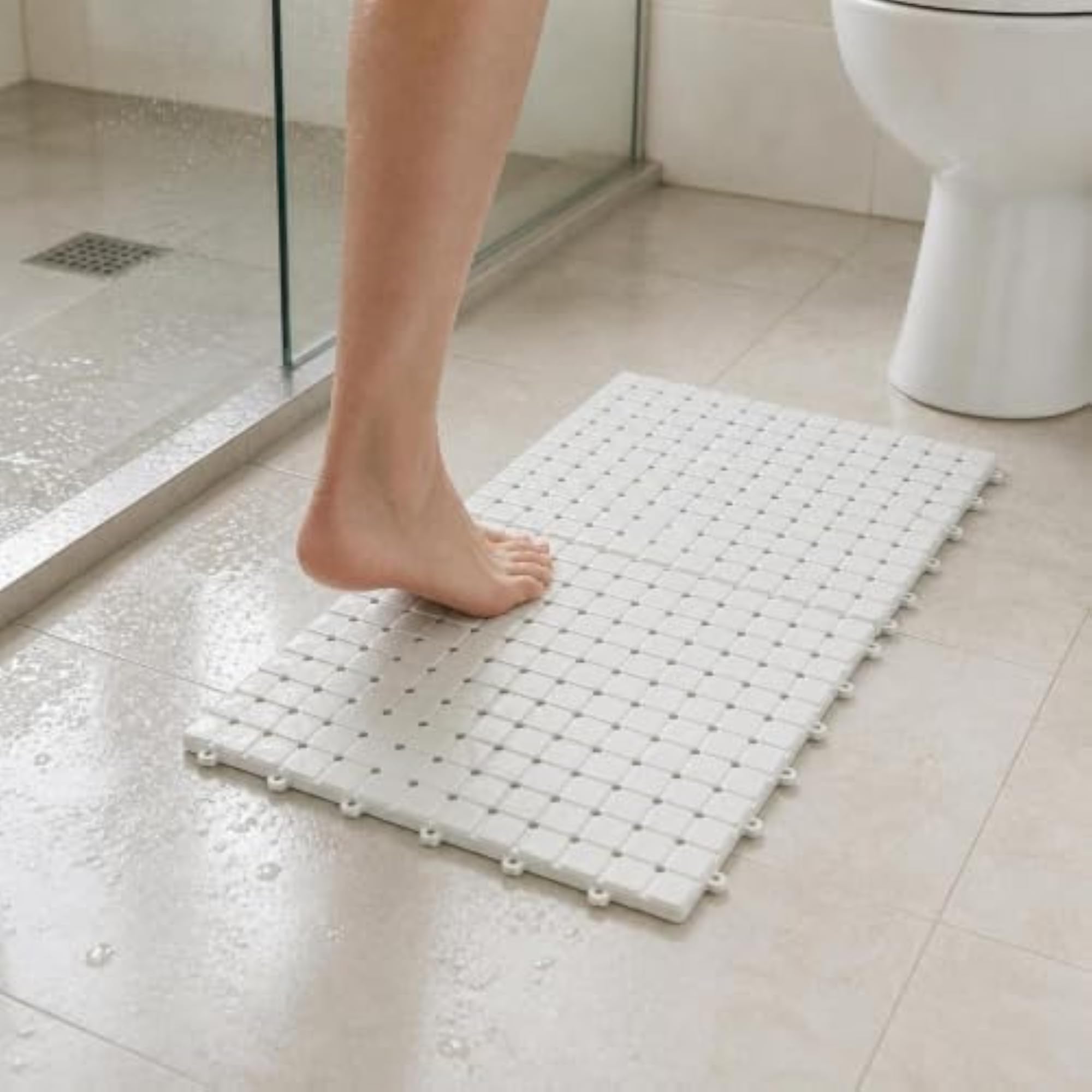 TPE Non-Slip Interlocking Shower Mat, Elegant Blue Design