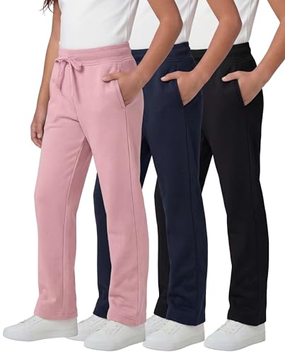 Image of Real Essentials 3 Pack: Girls' Fleece Open Bottom Soft Athletic Performance Casual Sweatpants(Ages 7-16)
