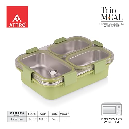 Image of ATTRO Trio Meal Stainless Steel Lunch Box with 3 Partition, Microwave Safe, Airtight Leakproof Silicone Seal Lid, BPA-Free Food Grade Tiffin Box for Office School Kids - 600ml - Green