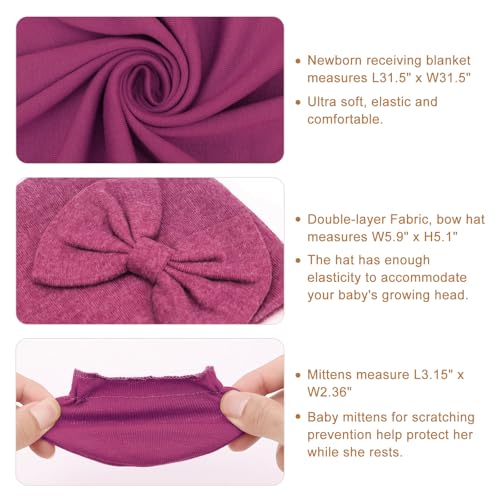Image of AQOKKA Newborn Receiving Blanket with Bow Hat Mittens Wooden Card Set Newborns Toddler Baby Boy Girl Nursery Swaddle Wrap