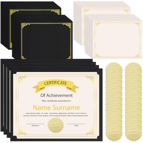 Porte-certificat noir avec papier et autocollants pour documents A4 et diplômes | Lot de 24
