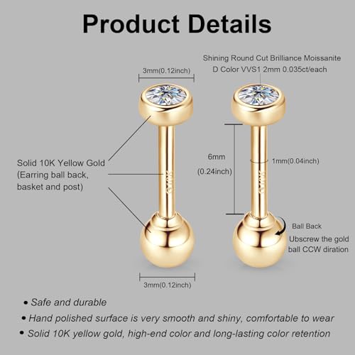 Solid 10K Yellow Gold Ball Stud Earrings, Tiny Moissanite Earrings Real 10K Gold Dainty Screw Ball Back Small Studs Dangle Earring for Womem Men, Cartilage Helix Tragus Piercing Jewelry Gifts, 1 Pair2