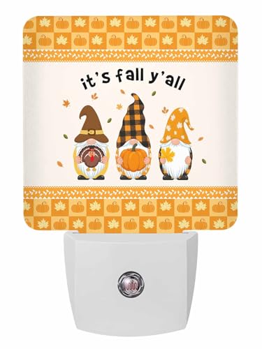 Image of Night Light Plug in LED It's Fall Y'all Gnomes on Pumpkin Maple Leaf Buffalo Plaid Automatic Night Light, Square Night-Light Plugs into Wall for Bedroom Bathroom Kitchen Hallway Decor