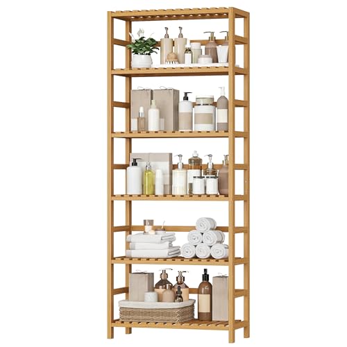 FOREHILL Étagère Salle de Bain en Bambou Étagère de Rangement à 6 Niveaux Hauteur Réglable Colonne Etagere Verticales pour Salon Cuisine Couloir Chêne...