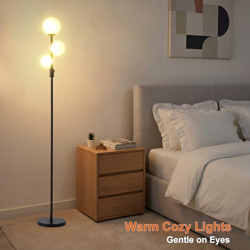 Image of Fiqevs Upgraded Dimmable 3 Globe Mid Century Modern Floor Lamp, 3 x 3000K Warm Light LED Bulbs Included, Matt Black Standing Lamp with Sphere Glass Shade, Vintage Tall Lamp for Living Room, Bedroom