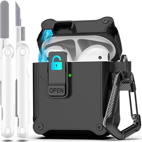 R-fun Compatible with AirPods 2nd Generation 2019,1st Gen 2016 Charging Case Cover, Full Drop Protection Auto Pop-Up Lid Compatible with Airpods Case with Cleaner Kit & Keychain,Black Cover