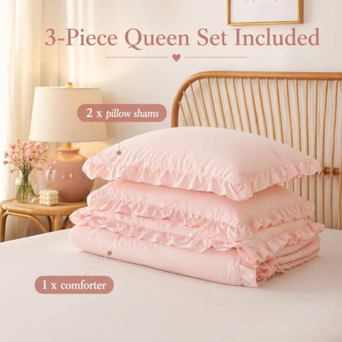 Image of JANZAA Blush Pink Comforter Set King - Soft Microfiber, Lightweight All Season Bedding, Ruffle Shabby Chic Aesthetic, Breathable Cozy Bed Set with 2 Pillow Shams, Machine Washable