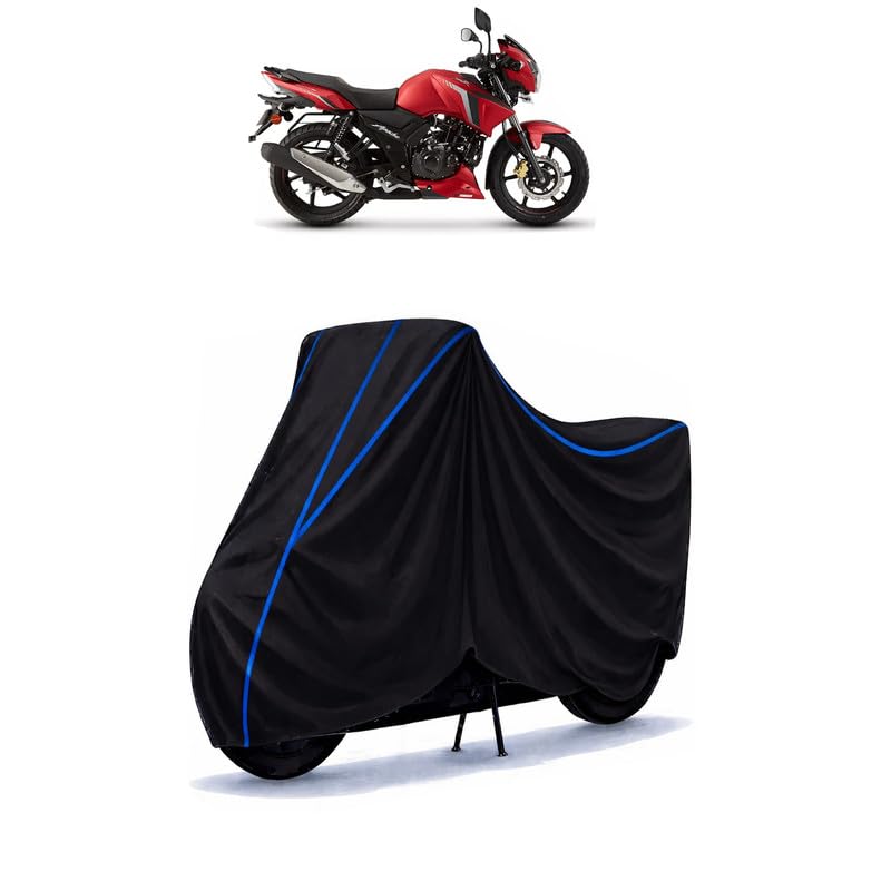 Image of TVS Apache 125 Bike Cover Water Resistant Universal Motorcycle Rain | Heavy Duty UV Protection, Dust, Scratch Indoor Outdoor All Weather with Black Blue Piping Elastic
