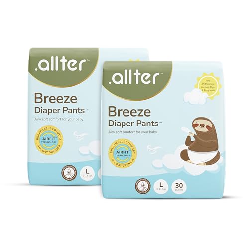 Image of .allter Breeze Baby Diaper Pants - L Size (9-14 Kgs) | 60 Count, Pack of 2 | AirFit Technology for Breathable Comfort | Dermat Tested | 12-Hour Dryness, Super Soft & Absorbent with Wetness Indicator