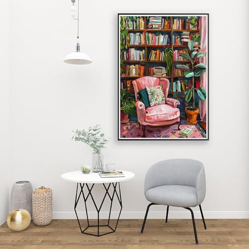 Image of Clendo Pink Room Paint by Number for Adults Beginners, Study Room Adults Paint by Numbers Kits on Canvas, DIY Oil Painting Acrylic Paints for Home Wall Art Decor(16x20inch)