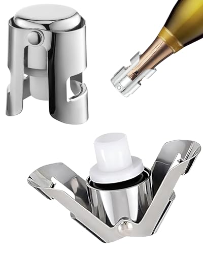 Champagne Stoppers 2 Pack, Leak-Proof Stainless Steel Wine Stopper Saver with Silicone Seal Sparking Wine Saver for Cava, Prosecco and More, Silver