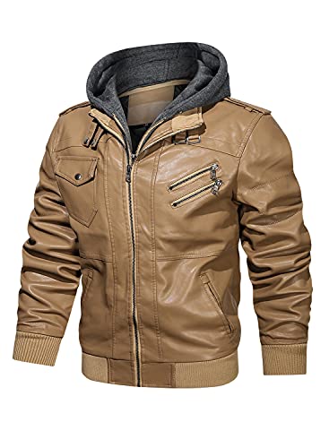 Image of HOOD CREW Men's Casual Stand Collar PU Faux Leather Zip-Up Motorcycle Bomber Jacket With a Removable Hood